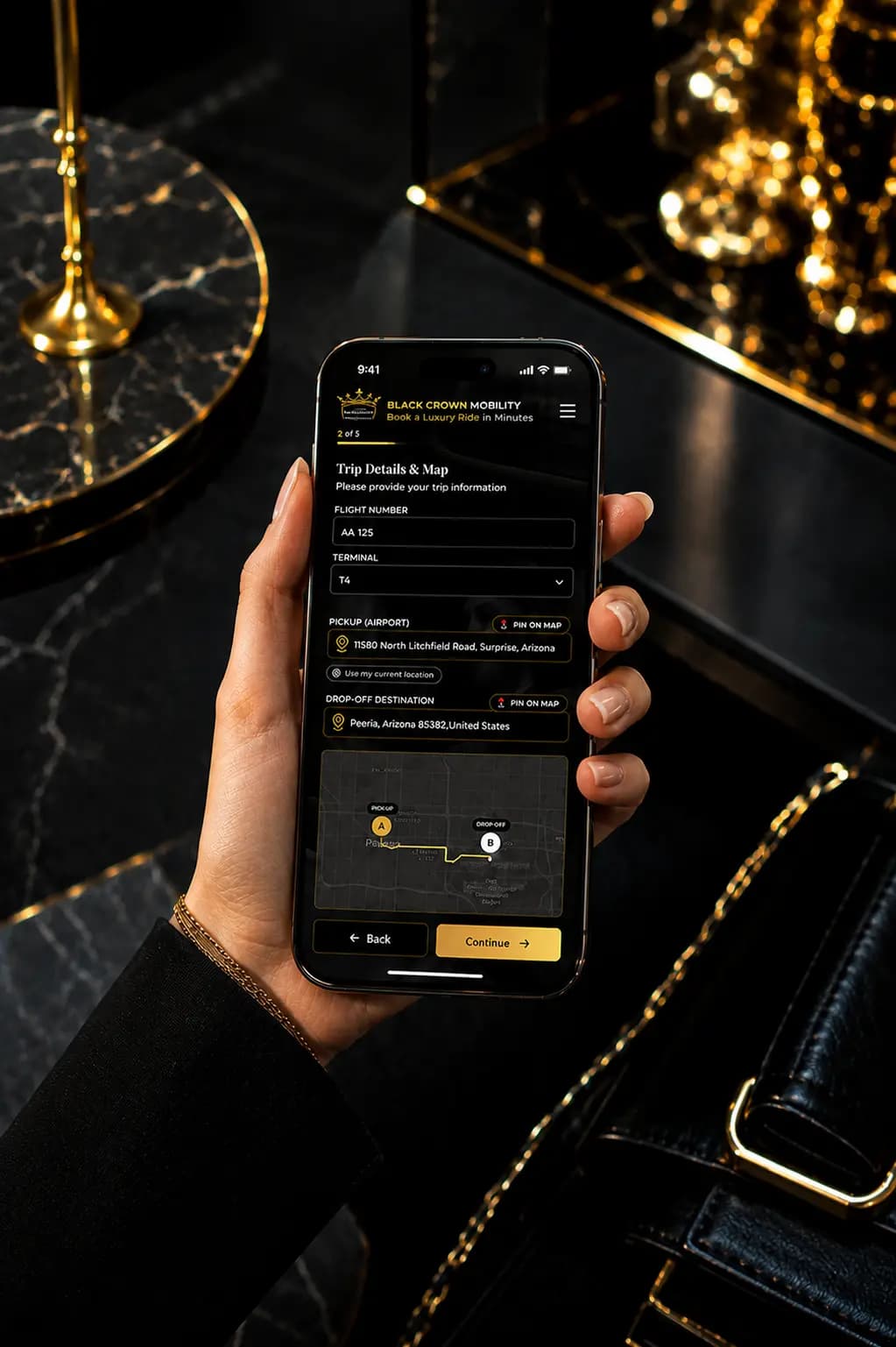 Black Crown app trip details screen